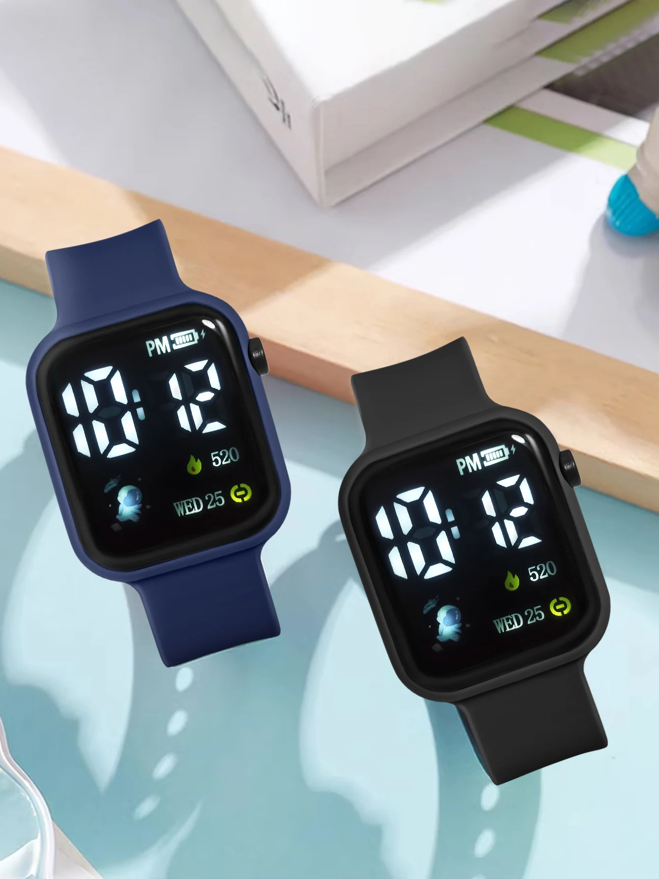 Simple square children's electronic watch astronaut heart sport electronic watch; student leisure electronic watch; 2 pieces set