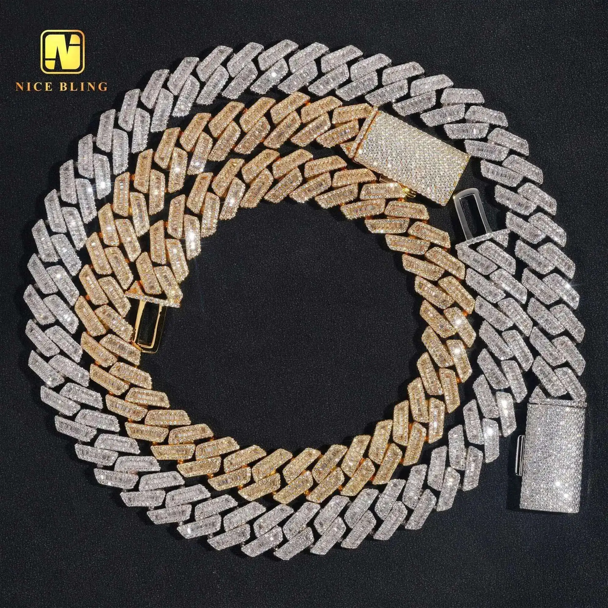 

17mm Cuban Link Chains Men Hip Hop Jewelry Baguette Cz Diamond Necklaces Iced Out Brass Chains