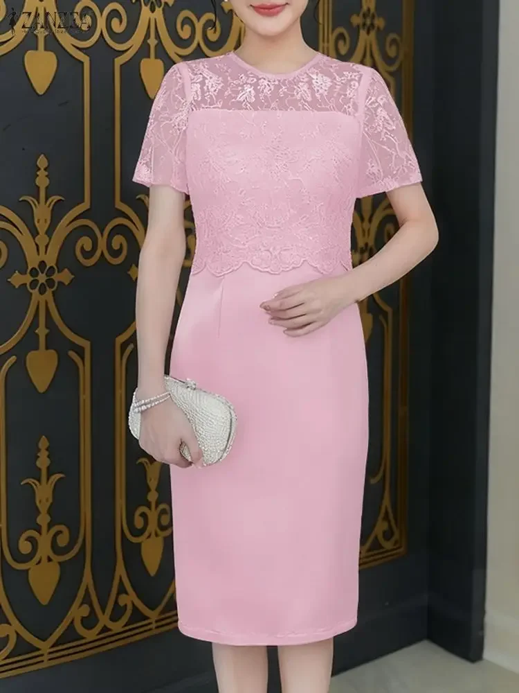 2025 Abito da festa elegante ZANZEA Donna Elegante patchwork di pizzo Abiti estivi Manica corta Slim Fit Vestito estivo Abito longuette in raso solido