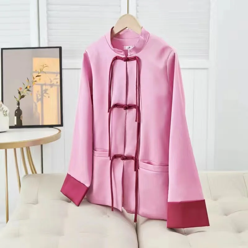 Women's Jacket Women's Jacket Chinese Retro High Rose Pink Cardigan Coat Spring Women's National Style Tang Suit Buckle Coat