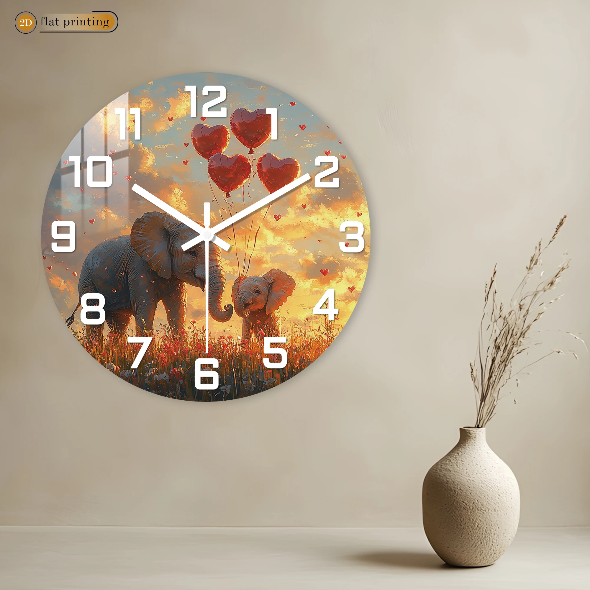 Heart-Filled Elephant Family Wall Clock, 2D Flat Printing Love Theme, Warm and Joyful Decorative Art Clock