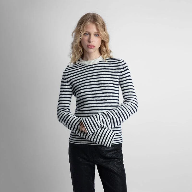 Zadig Cashmere Jumpers Women Black White Stripes Sweaters Casual Buttons Winter Warm Tops Female Crew Neck Long Sleeve Pullovers