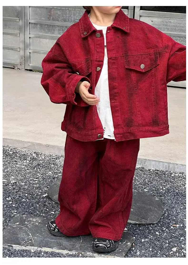 Children Clothes Boys Fashion Set 2024 Spring and Autumn New Handsome Red Denim Coat and Pants Boys Cool Two-piece Set