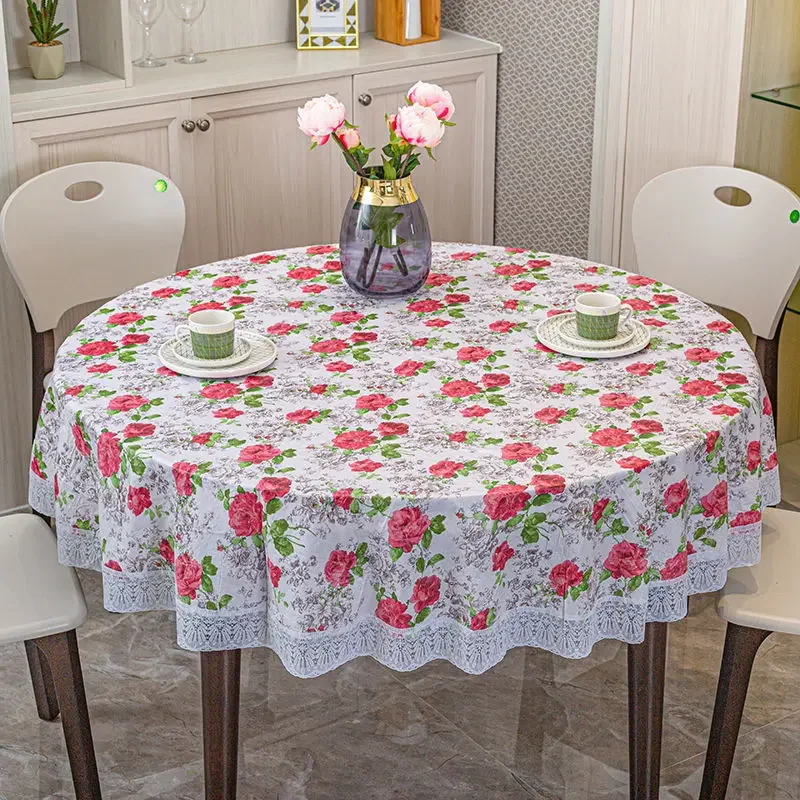 Mantel de PVC impermeable a prueba de aceite, mantel redondo impreso, cubierta de mesa de encaje decorativo, mantel de comedor para el hogar, nuevo