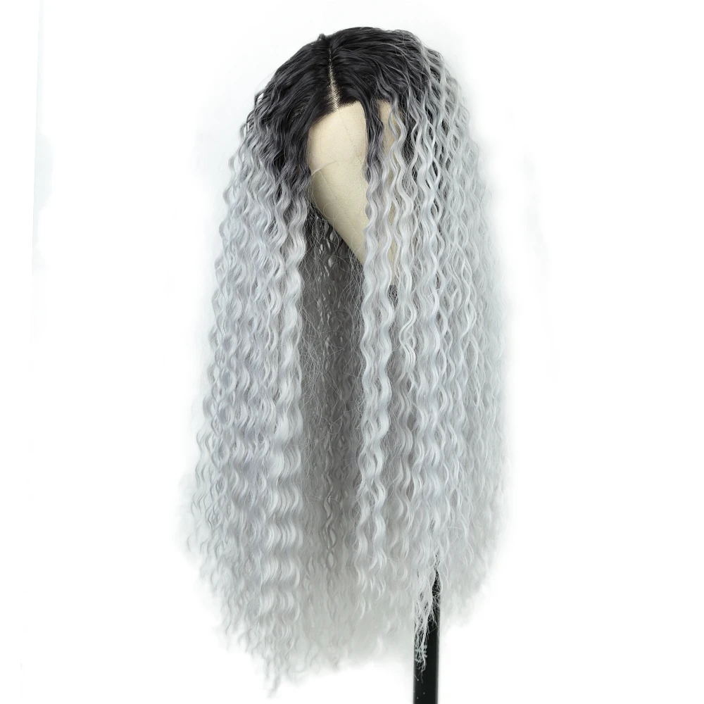 

ALIBABY Синтетический парик шнурка с боковой частью Omber Grey Парик Высокотемпературное волокно вьющиеся волосы Парики для женщин Косплей Парик фронта шнурка