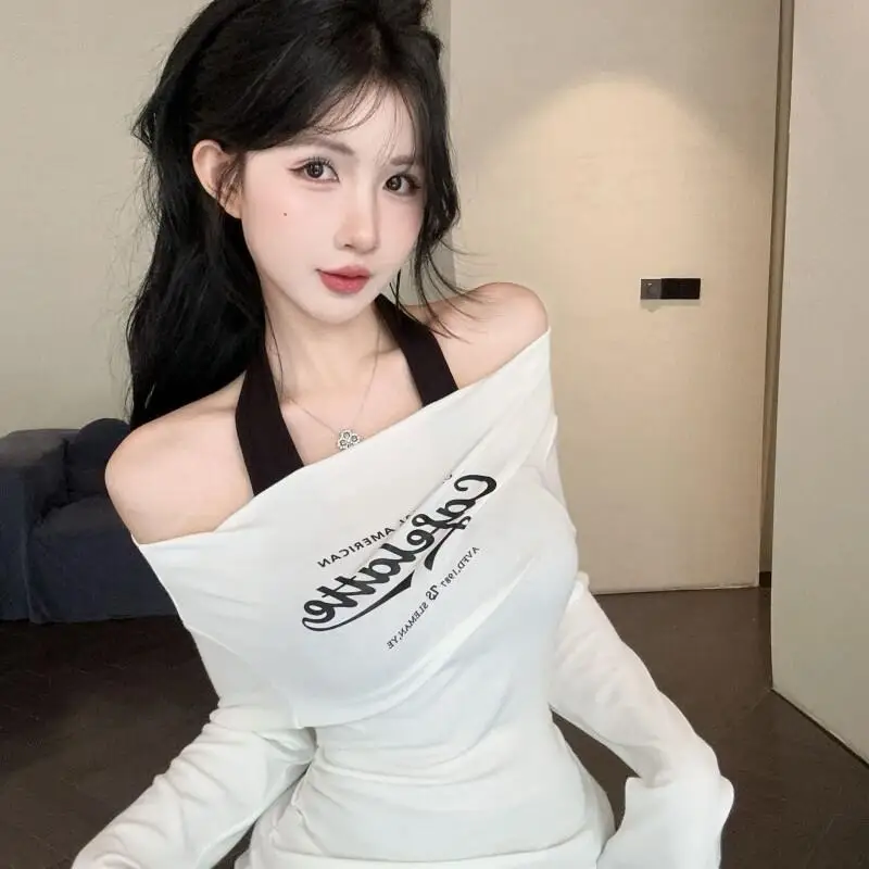 かわいい女の子ファッション トップス 学生風 漫画風 カジュアル レディース服 2025 春秋新作 ピュアカラー ブロックカラー ホルターネック フェイク