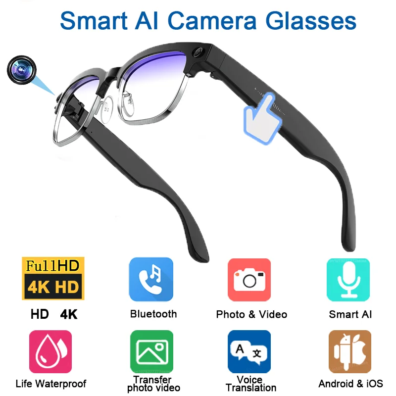 4K HD Upgrade Smart Glasses met camera, video-opname, AI-fotocognitie, Bluetooth-oproepen, vertaling, spraakgestuurde zonnebril voor heren