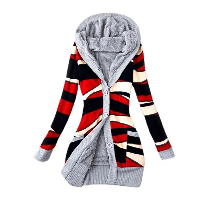 سترة نسائية بغطاء للرأس مع أزرار مطبوعة من الأزتيك وأكمام طويلة مبطنة بالصوف سترة دافئة ملابس خارجية غير رسمية للخريف