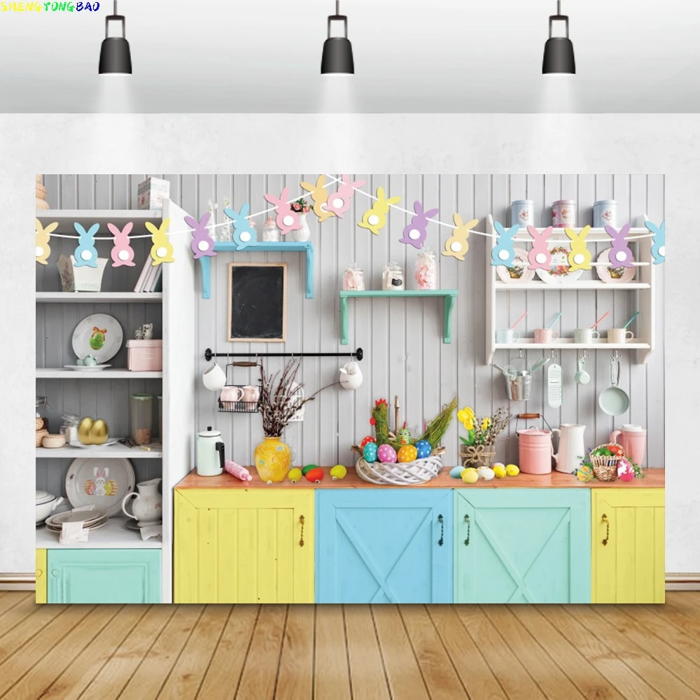 

Easter Kitchen Dining Table Gray Wooden Board Background For Photography Children Party Portrait Photocall Scene Family Backdrop