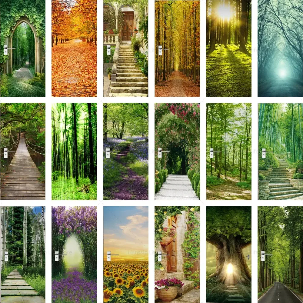 

Green View Door Sticker Peel and Stick PVC 3D Landscape Natural Forest Wallpaper on the Door Living Room Bedroom Decor