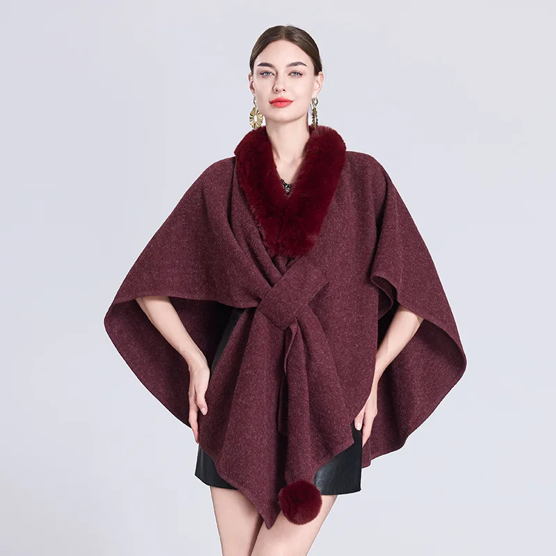 Solid Irregular Women's Capes Elegant Splicing Hairy Collar Knitting Cloak Mid Long Scarf Jacket Autumn Winter Thick Warm Shawls