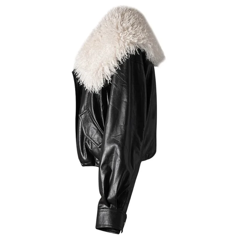 Retro High-end Sense Removable Large Fur Collar Leather Jacket Women's Winter New Black Zipper Slim Fit Short Coat Outwear Lady