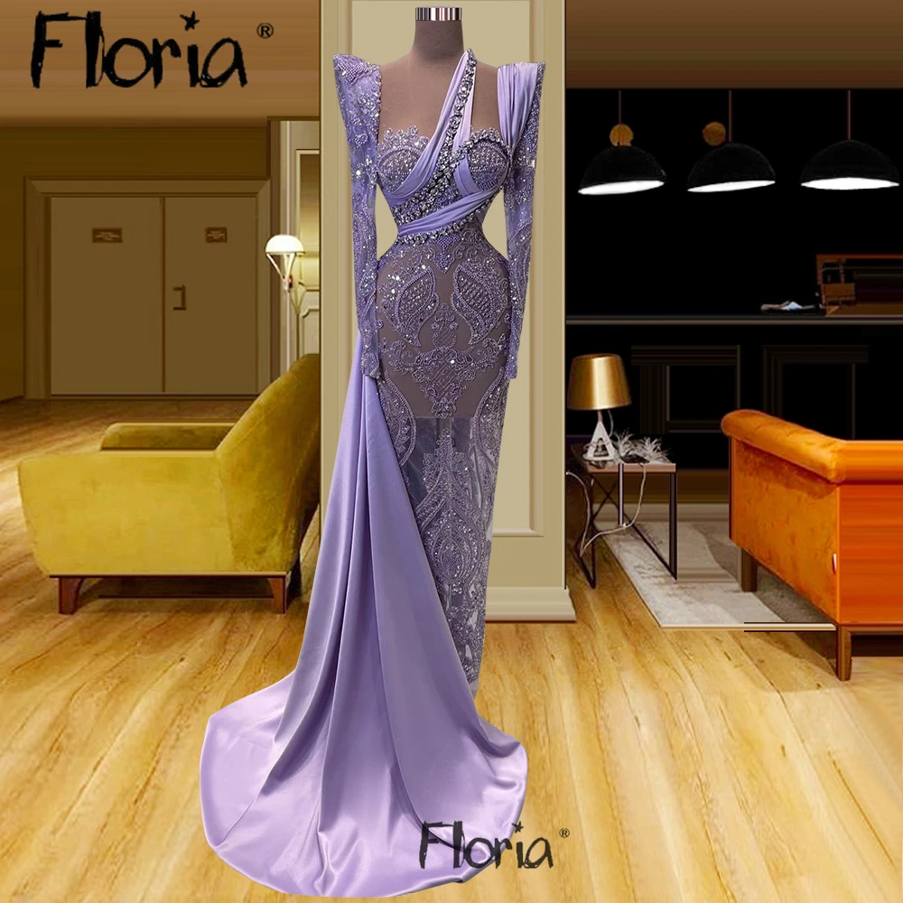 

Vestido Festa Luxo Glamorous Purple Long Evening Dress Back Train Beaded Mermaid Prom Gowns Women Celebrity Influencer Dress