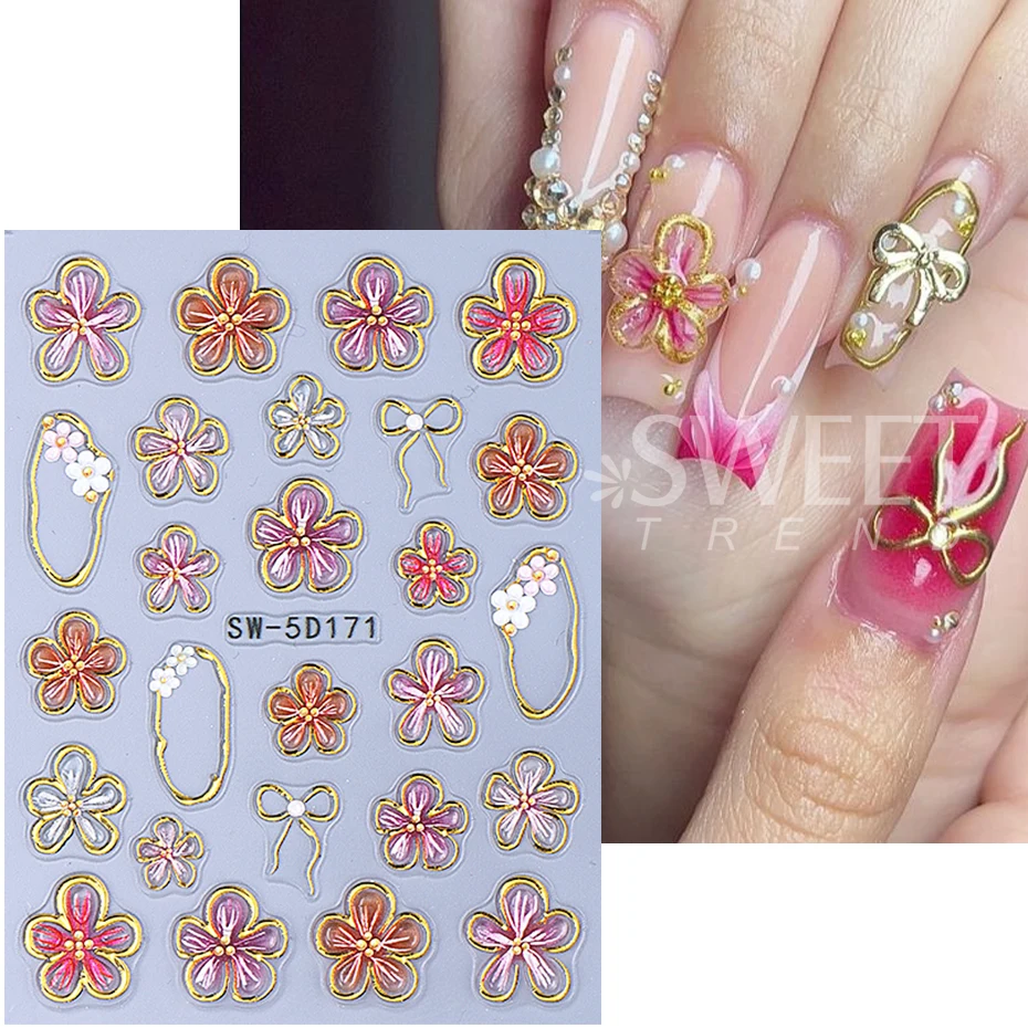 5D Crystal Lily Embossed Nail Sticker Colorful Petal Gold Line Frame Bow Heart Slider Decal DIY Manicure Decor Accessories Tools