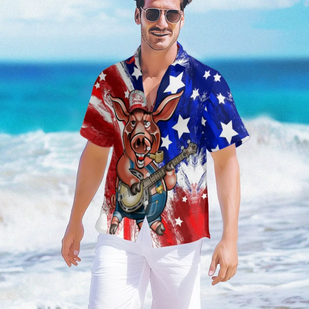 

Summer Hawaiian Shirt Creative Pig Flag Print Tops Beach Fashion Men Shirt Party Streetwear Shirts Short Sleeve Male Clothes