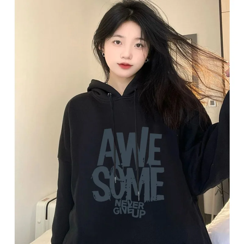 

Women's Clothing Black Vintage Street Hoodie Letter Printing Long Sleeves Casual High Street Oversize Baggy Ladies Tops Autumn