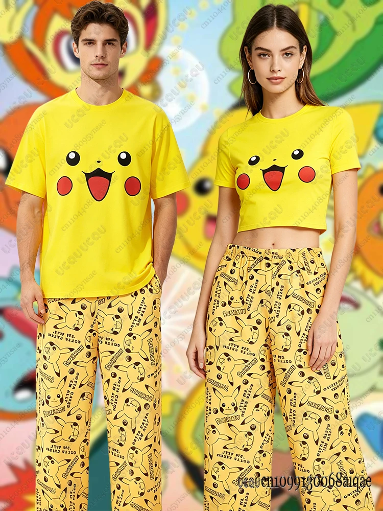 

2026 Anime Kawaii Pikachu Summer Crop Top+Pajamas Pants Oversized Suits For Men Women Couple Cartoon Outfits Homewear Clothing