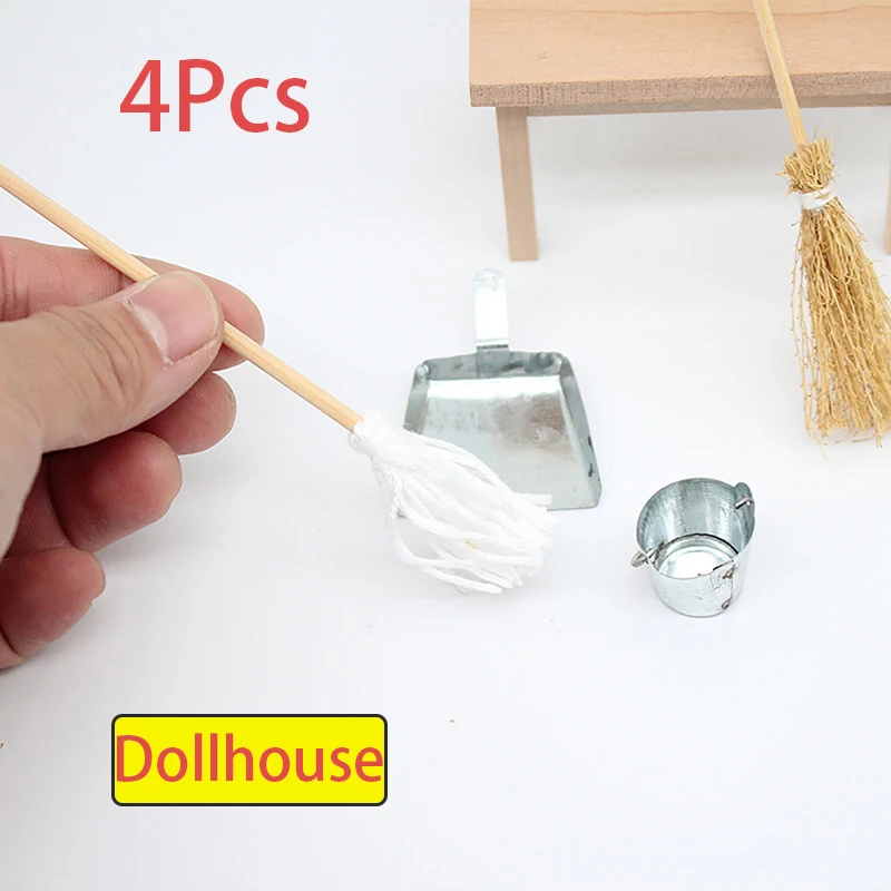 1/12 Dollhouse Broom Dustpan Metal Pail Kit Dollhouse Mini Cleaning Tool Accessories Dolls House Decor Pretend Play Toy