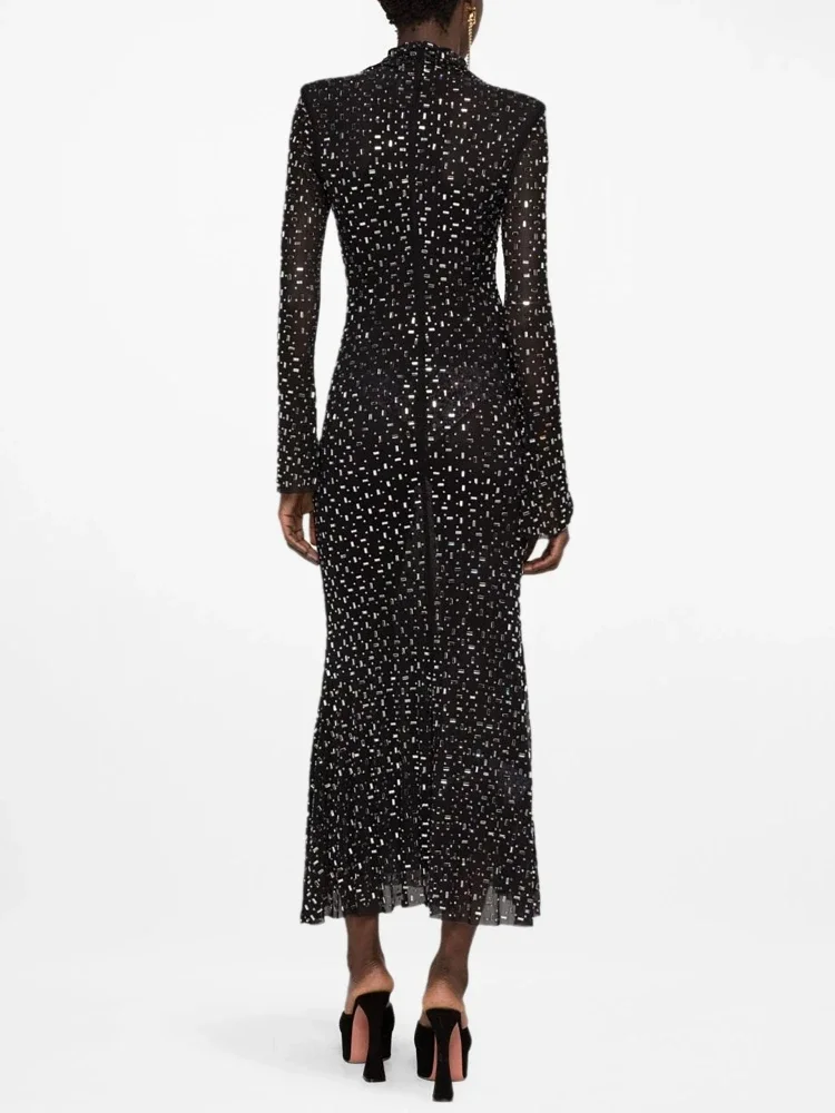 Sexy Turtleneck Long Sleeve Mesh Sequined Diamond Maxi Dress Women Black Bright Rhinestone Bodycon Celebrity Evening Party Gowns