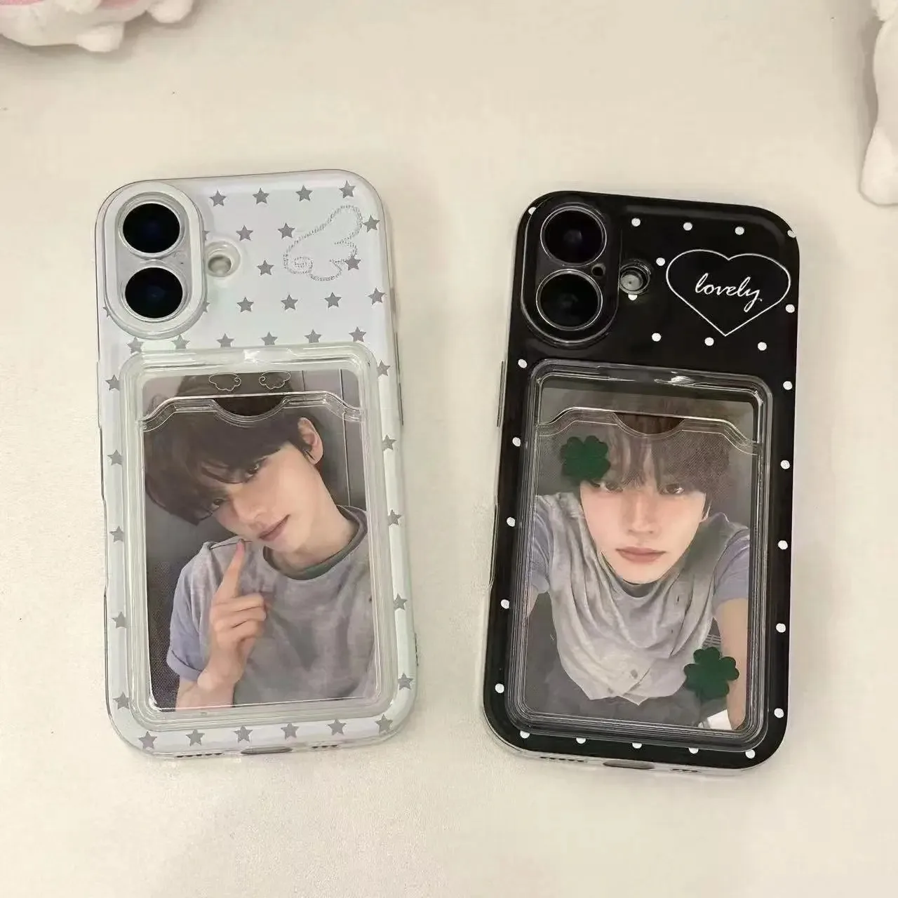 Niedliche Engelsflügel Sternen-Polka-Dot-Geldbörsen-Kartenhalter-Handyhülle für iPhone 11 12 13 14 15 16 17 Pro Max Plus Transparente Taschenhülle ﻿ ﻿ ﻿ ﻿