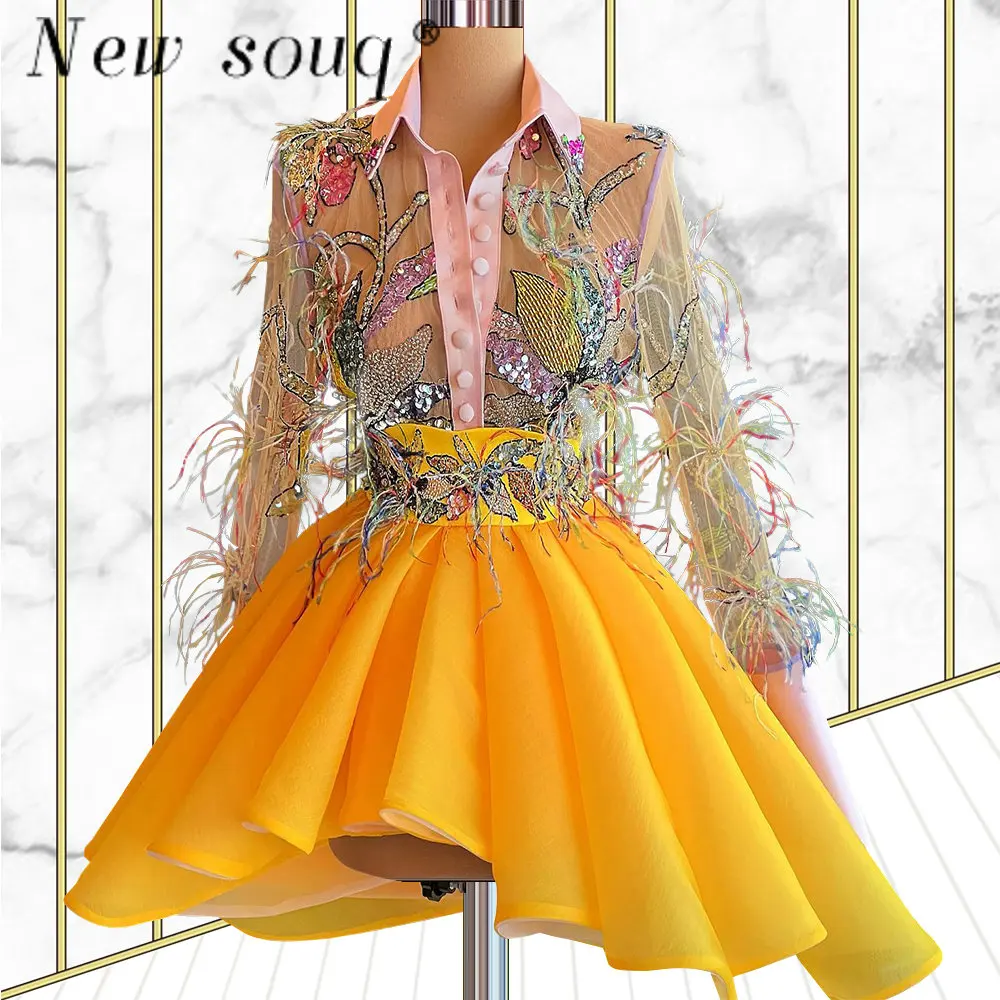 Feathers Yellow Two Pieces Sets Short Prom Dresses Fashion Women Outfits Luxury Beading Date Night Party Gowns Ladies Couture