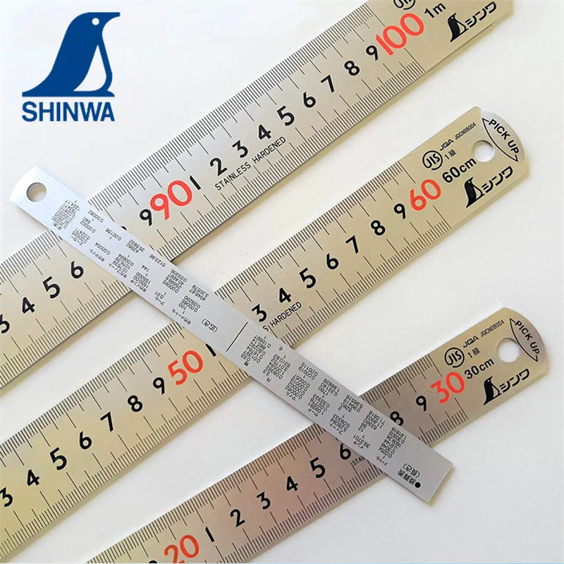 SHINWA 1PC Stainless Steel Straight Ruler High Precision JIS Industrial Grade Etched Marking Rule with Bent End 13128/31/34