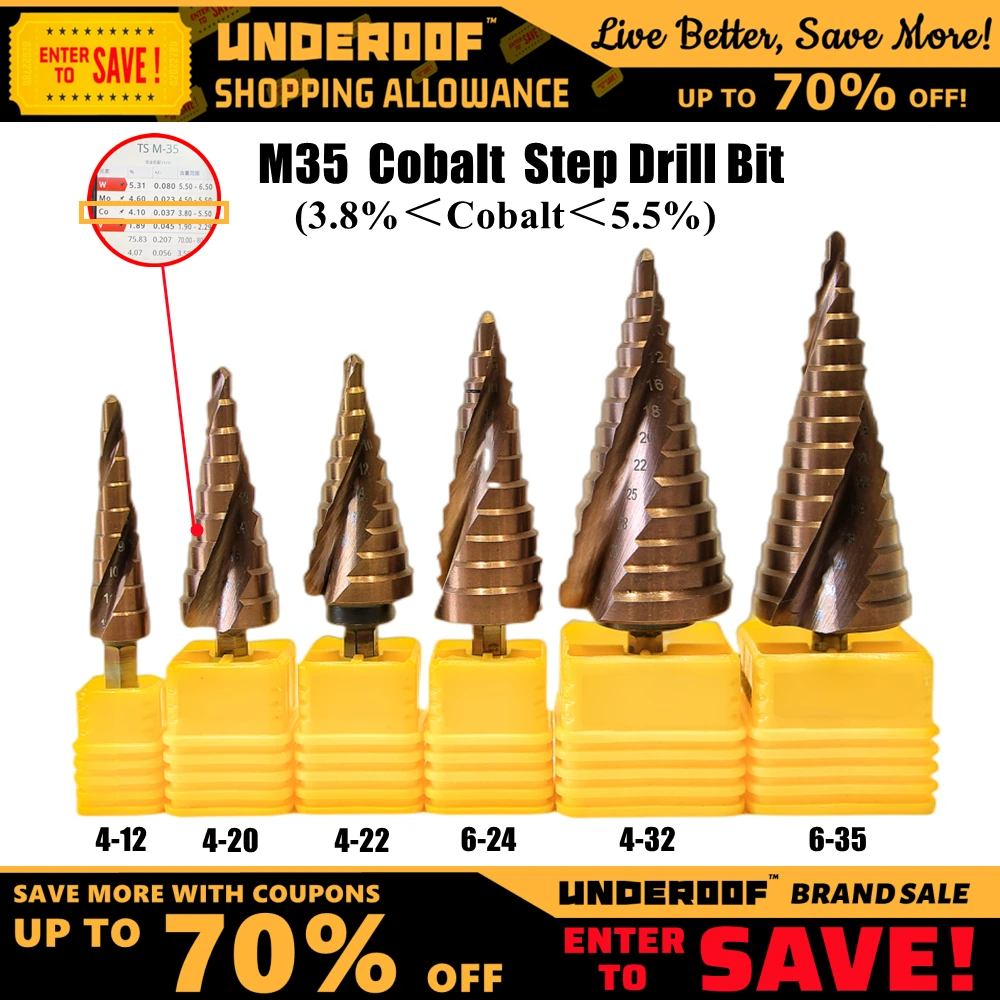 

UNDEROOF-Cobalt Step Drill Bit, шестигранный хвостовик, конус из быстрорежущей стали, набор инструментов для сверл по металлу, фреза для нержавеющей стали M35