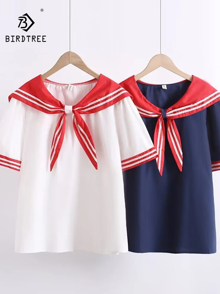

Новая летняя женская хлопковая рубашка с коротким рукавом 2026 года, с матросским воротником и шнуровкой, в стиле Mori Girl, свободная блузка для повседневной носки T64118CC