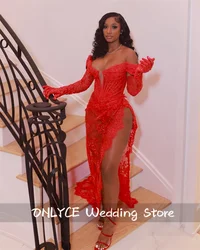 Luxury Red Long Lace Prom For Black Girls 2024 Off the Shoulder Side High Split With Gloves Birthday Party Robe