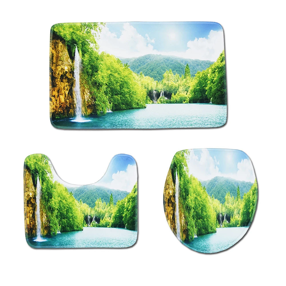 

bathroom Set Sunshine White Clouds Flowing River Majestic Mountain Pine View Bathroom Carpet, Toilet Mat, Bathroom Decor