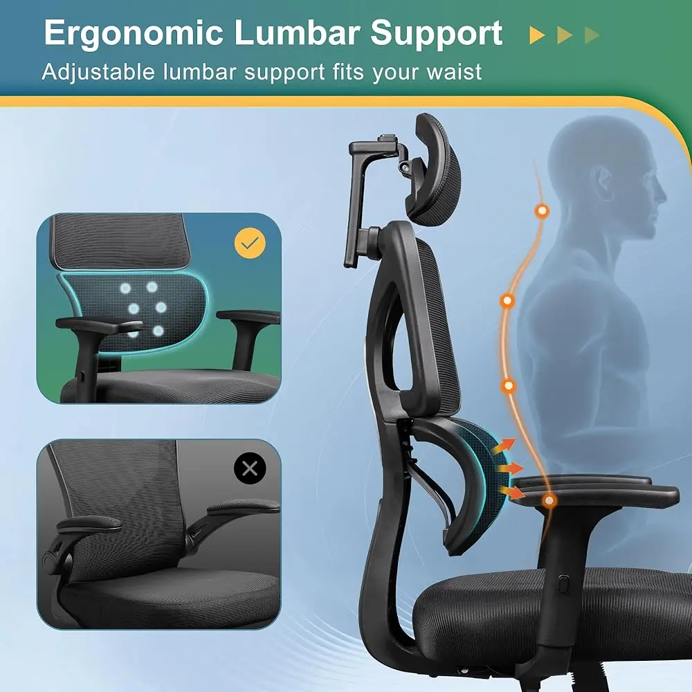 Office Chair Big And Tall Reclining Ergonomic Desk Chair For Long Hours, Comfy Breathable Mesh, Adjustable Armrests With Lumbar