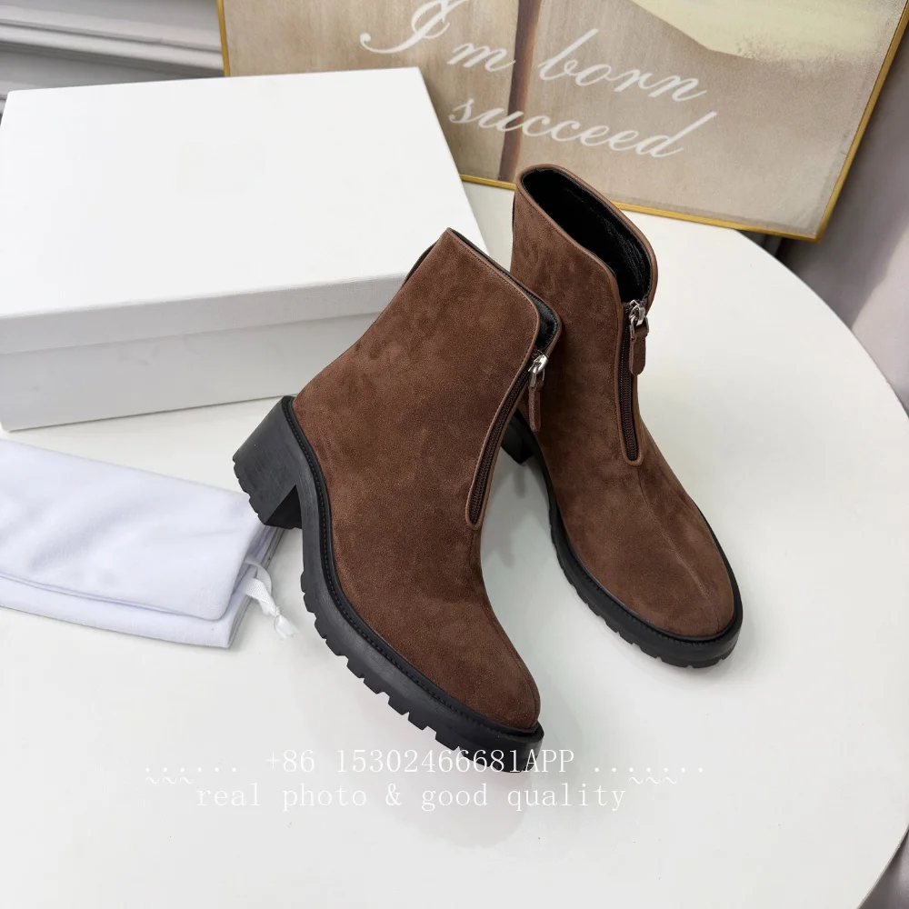 26High-ankle elongated short boots for women new style for autumn/winter genuine leather retro front zipper short boot with toe
