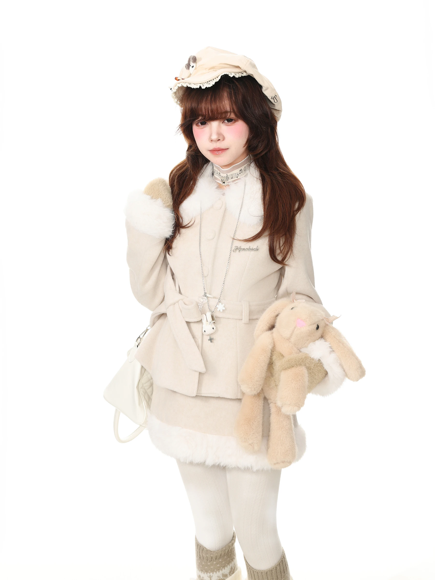 Blue Ghost Park Languid Park Women's Autumn Outfit Woolen Coat with Fur Collar And Wrap Skirt Two-Piece Set Casual Style