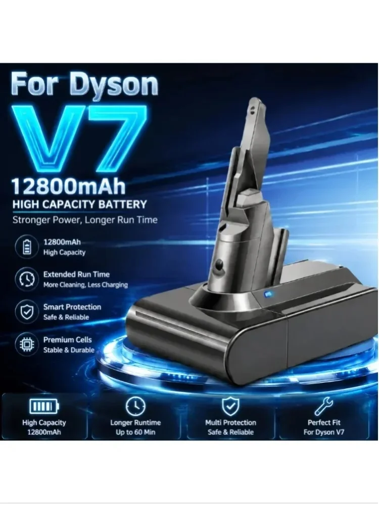 Ersatzakku für Dyson V7 SV11, 12800 mAh, 21,6 V, Li-Ionen-Akku, kompatibel mit V7 Animal, Absolute, Motorhead, Fluffy, Trigger, Extra – bis zu 60 Minuten Laufzeit.
