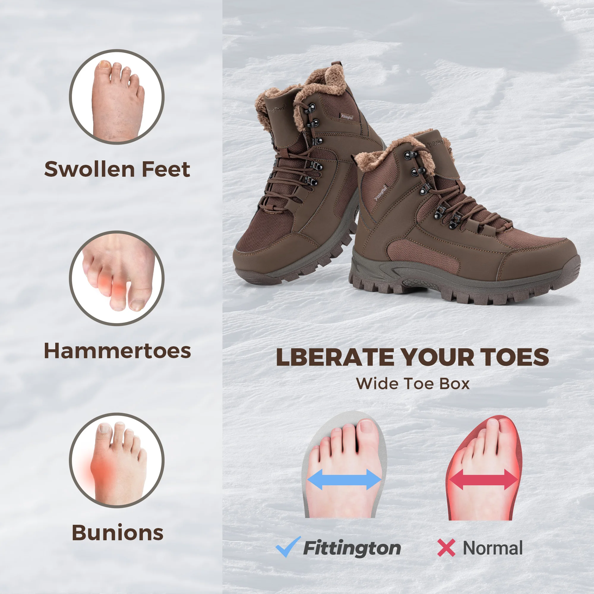 Fittington Winter Boots for Men Wide Fit Snow Boots  -15℃ Cold-proof Warm Thick Lined Outdoor Hiking Shoes Men's Winter Footwea