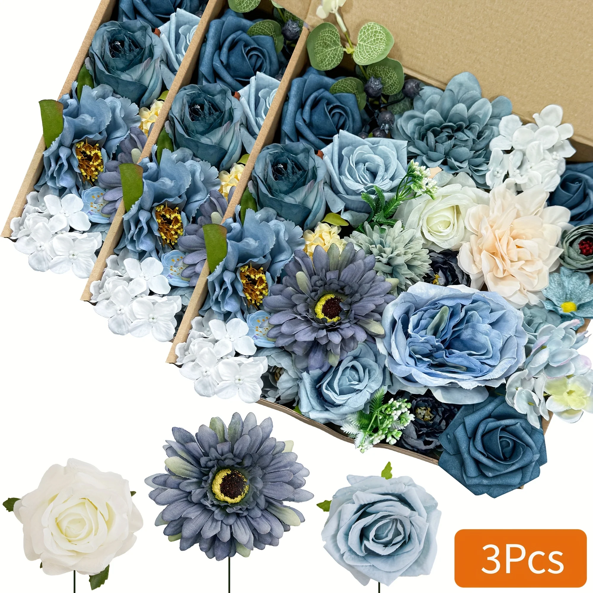 

3pcs, Dusty Blue Artificial Flowers Combo Box Set | Faux Wedding Bulk Flowers for DIY Bouquets, Centerpieces, Table Decor