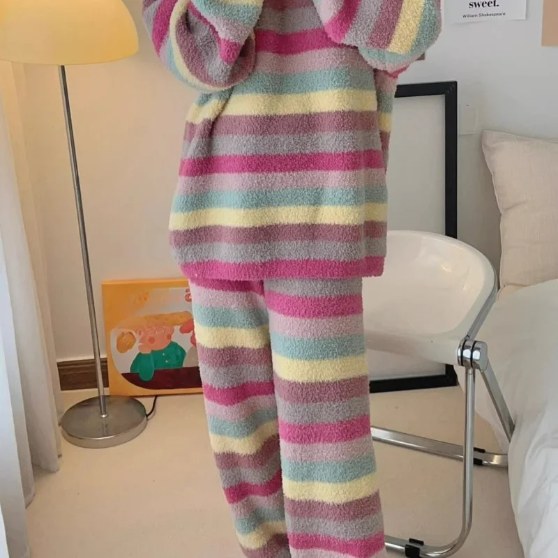 Thickened Rainbow Striped Coral Velvet Pajama for Woman 2024 New Net Red Cute Foreign Style Home Wear Warm Suit Comfortable