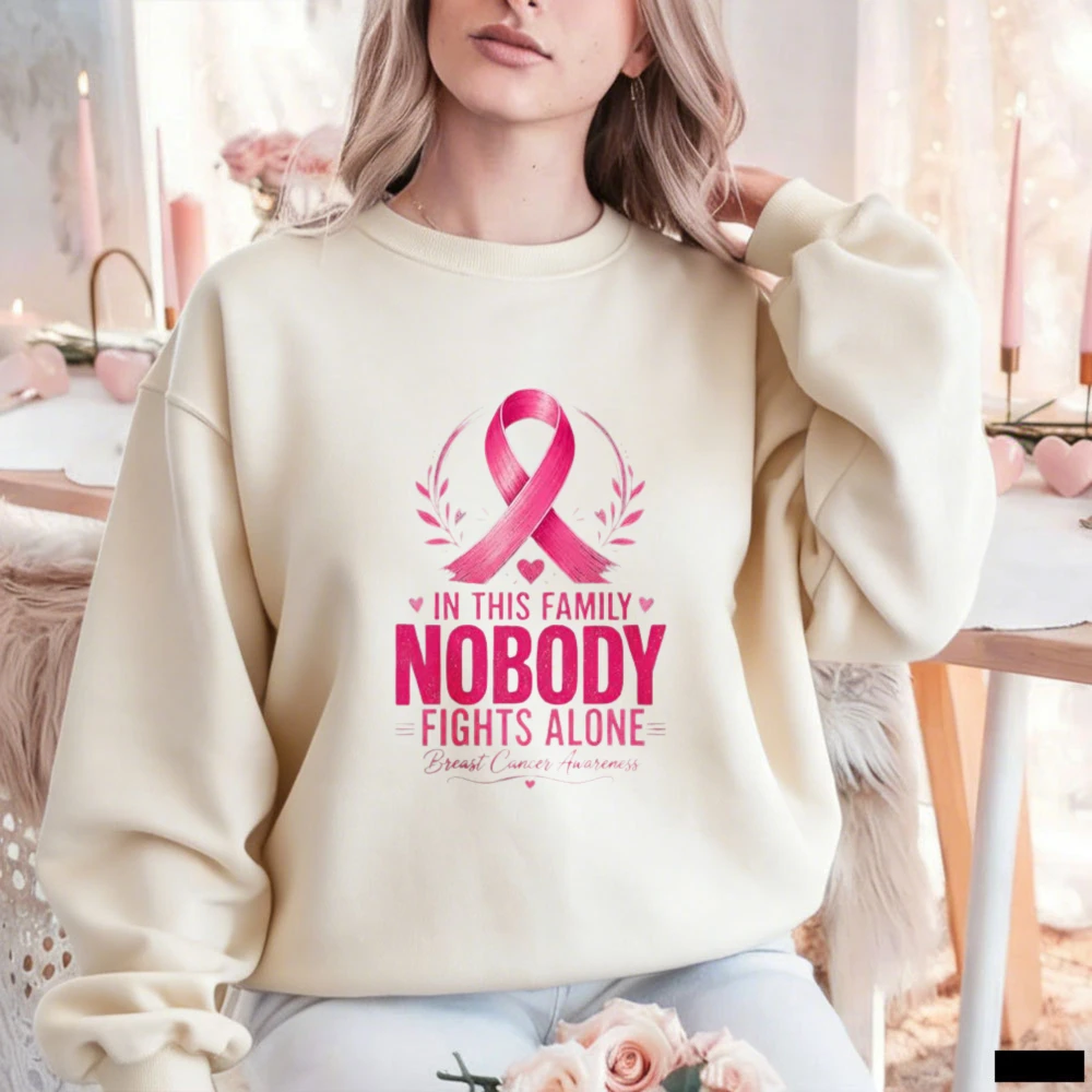 In This Family Nobody Fights Alone Crewneck Sweatshirt Pink Ribbon Laurel Graphic Breast Cancer Support Women Casual Pullover