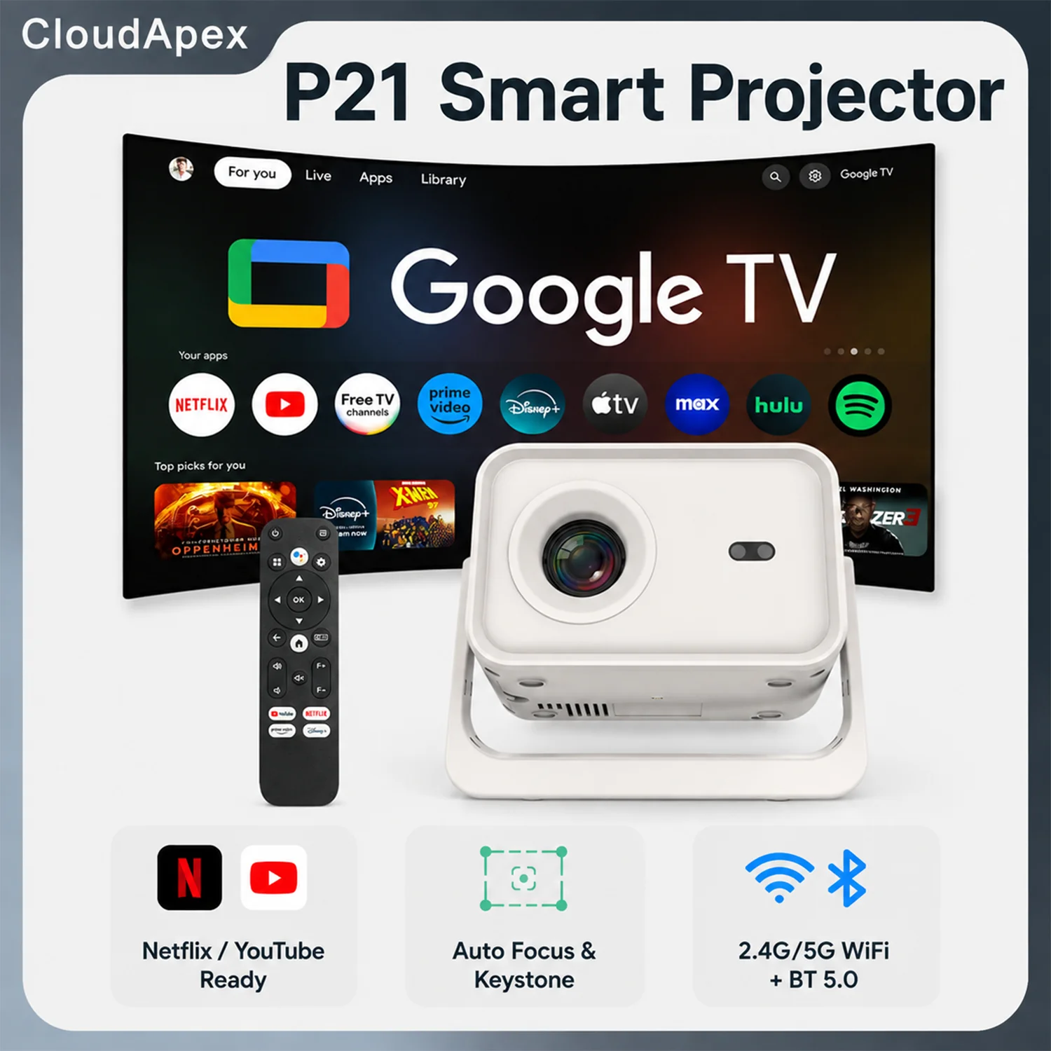 P21 GTV Mini Projector Google TV 1080P 4K Support WiFi6 BT5.0 350ANSI Auto Focus Keystone Voice Control HDR Home Theater