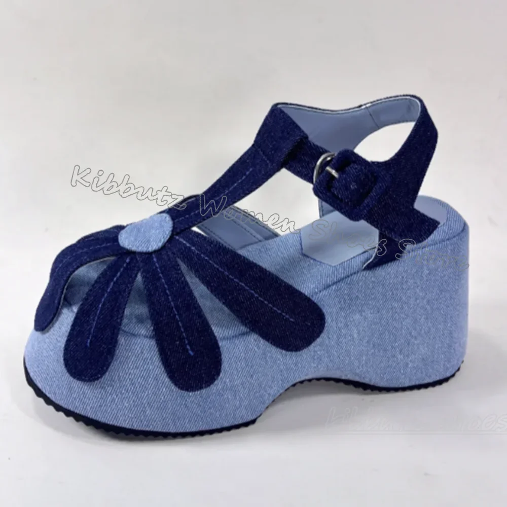 

Flowers Sandals Platform Patchwork Round Toe Wedges Mixed Color Hollow Buckle Strap Fashion Novelty Sweet Women Summer Shoes New