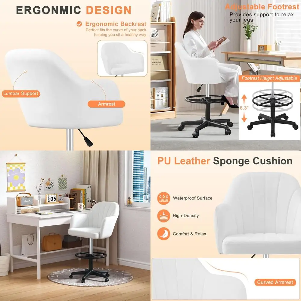 

Height-Adjustable White Desk Chair with Lumbar Support and Footrest for Home Office or Vanity Use