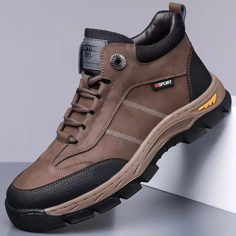 

Мужские осенне-зимние походные туфли из натуральной кожи на толстой подошве, нескользящие водонепроницаемые высокие сапоги на шнуровке из утолщенной шерсти