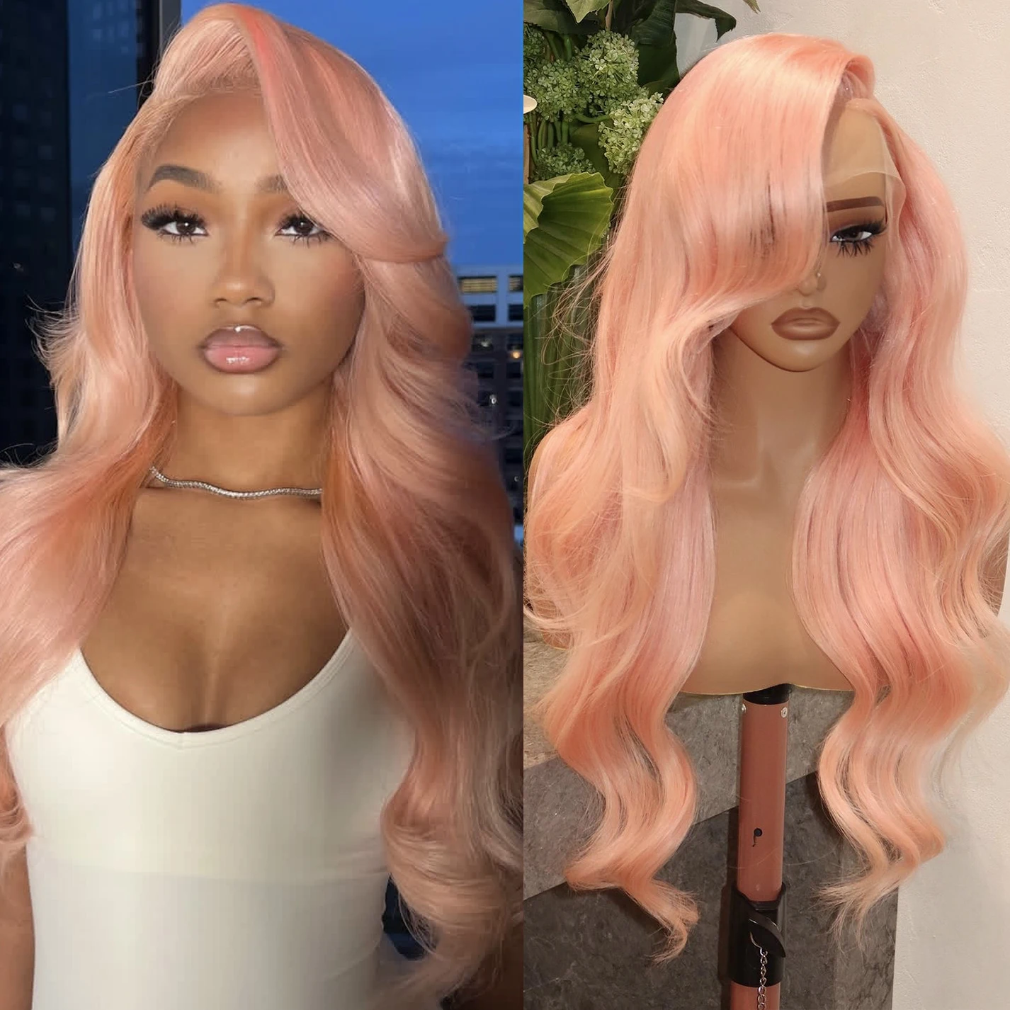 

Light Pink Lace Wig Long Body Wave Lace Front Wig Heat Resistant Synthetic Hair Side Part Solid Red Lace Daily Use Cosplay Wig