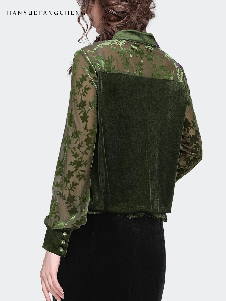 Retro Chinese Style 2024 Spring Ladies Green Velvet Top Lantern Sleeve Patchwork Design Hollow Out Floral Blouse Casual Shirts