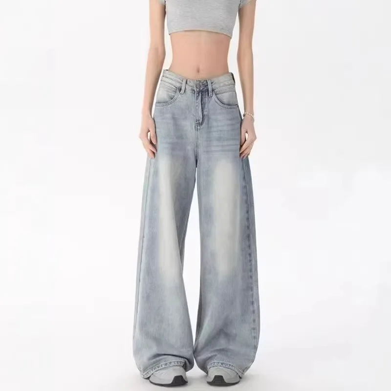 

2026 Spring Summer New Retro Light Blue Jeans Women Loose Wide Leg Pants Slim Floor Length Casual Denim Trousers