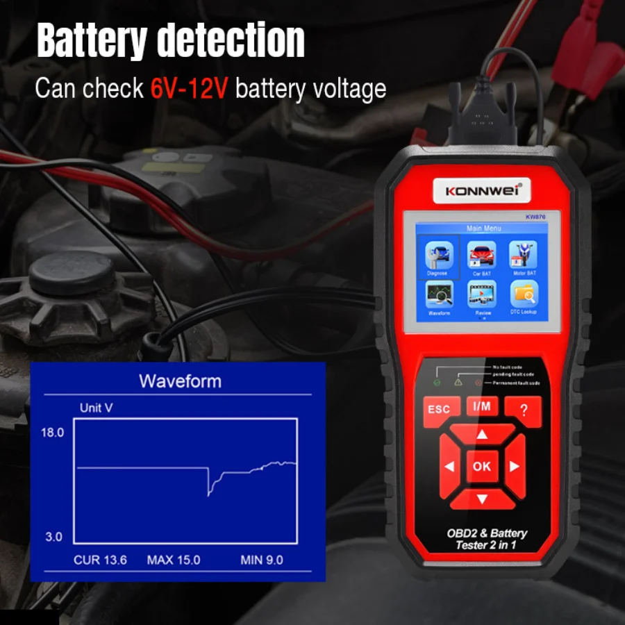 Multi Language Konnwei Obd2 Scanner Diagnostic Tool Car Battery Tester Analyzer kw 870 Obdii
