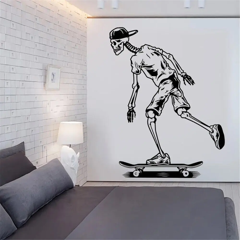 Naklejki ścienne na deskorolce z czaszką dla dzieci Skateboarding deskorolka naklejki do sypialni winylowe dekoracje do domu dla nastolatków plakat