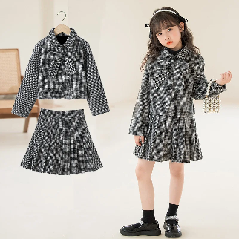 2024 Korean Spring Autumn Children Sets For Girl 2 Pieces Junior Girl Cardigan Outerwear Elementary Girl Dress Teen Girl Sets