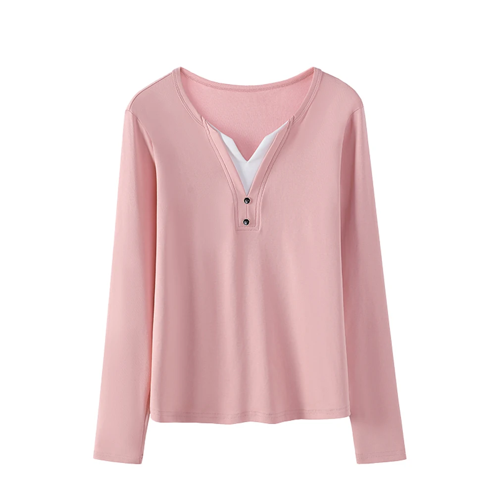Korean style pink long sleeved t-shirt for women's autumn new cotton fashion plus size button slim fit fake two-piece V-neck top - view 6
