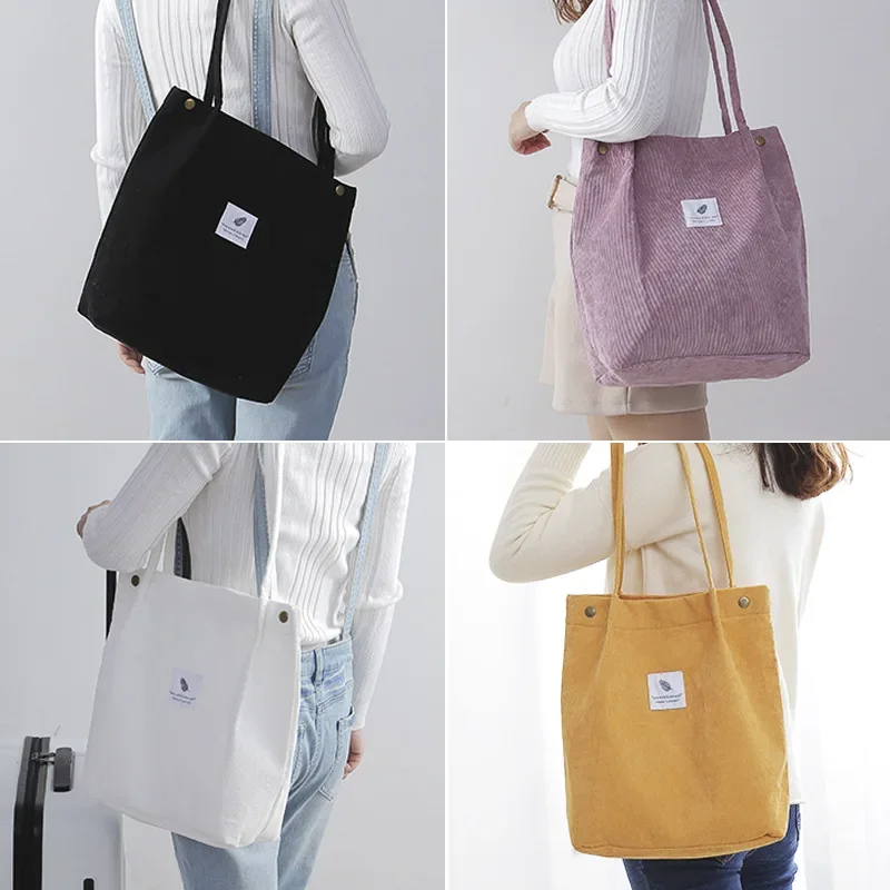 Bolso de hombro de pana para mujer, bolsa versátil de tela de algodón, Color sólido, ecológico, reutilizable, 2023